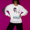 Women Wearing White Hoodie with text on hoodie